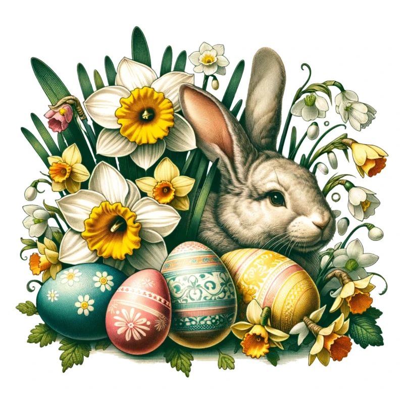Vintage Easter Bunny with Easter Eggs & Flowers