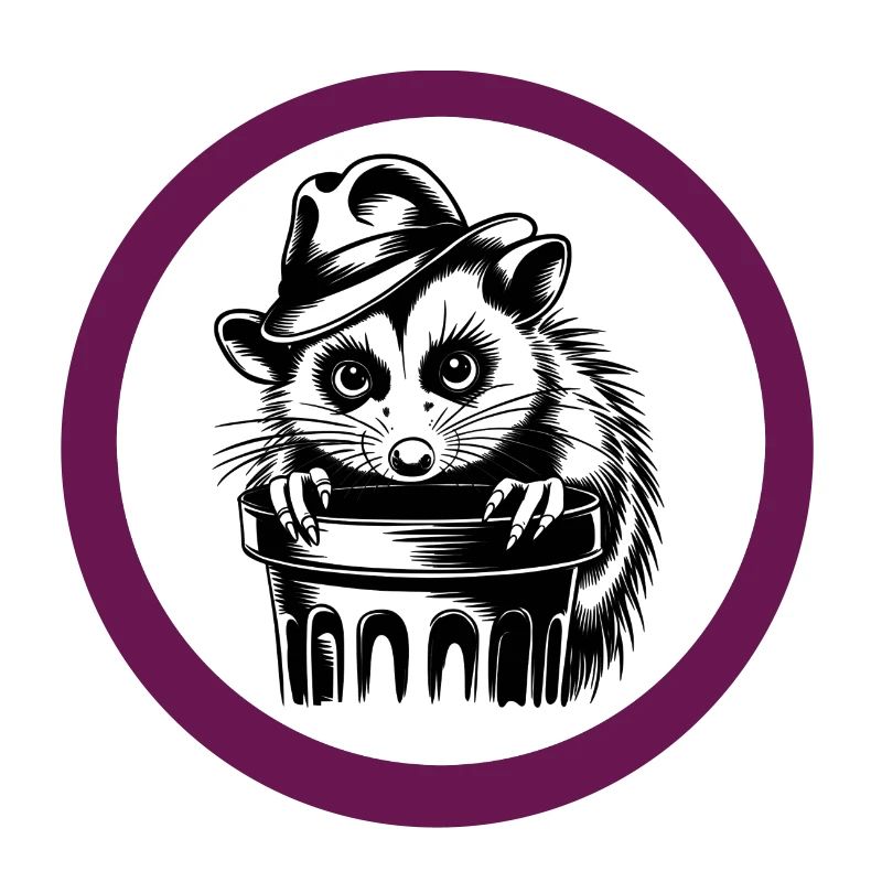 Possum with hat behind a garbage can
