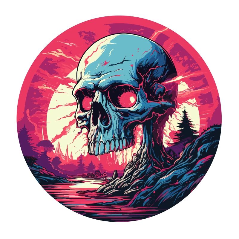 Surreal Retro Cyber Skull Synthwave Sunset