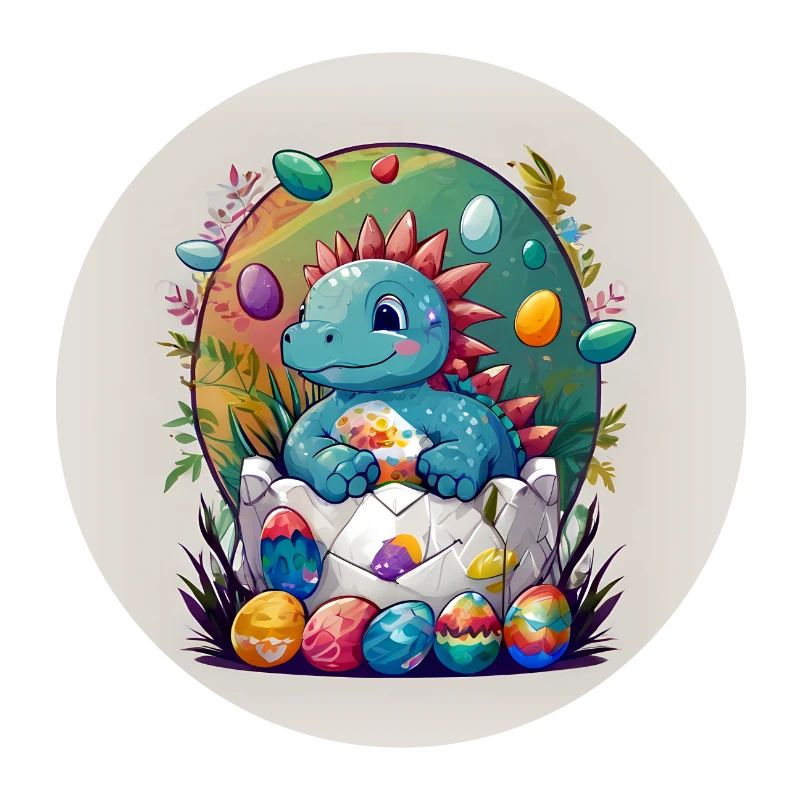Little Dino in Easter Basket Dinobaby and Easter Eggs
