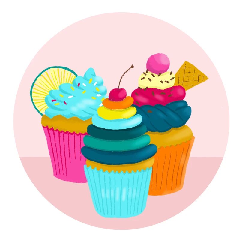 Trois cupcakes colorés sur rose