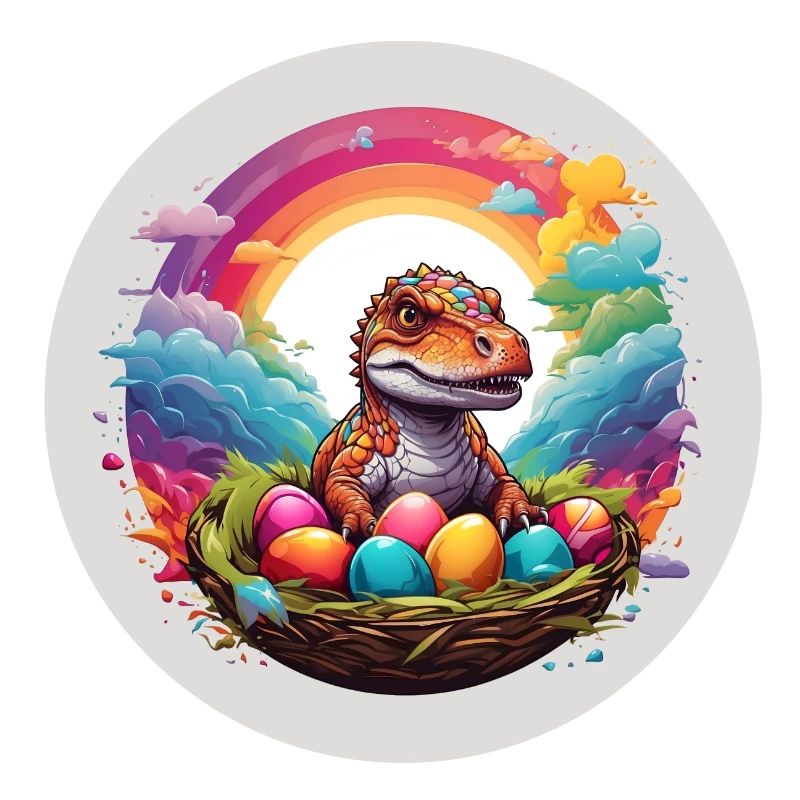 Petit Dino dans le panier de Pâques, bébé Dino et oeufs de Pâques.