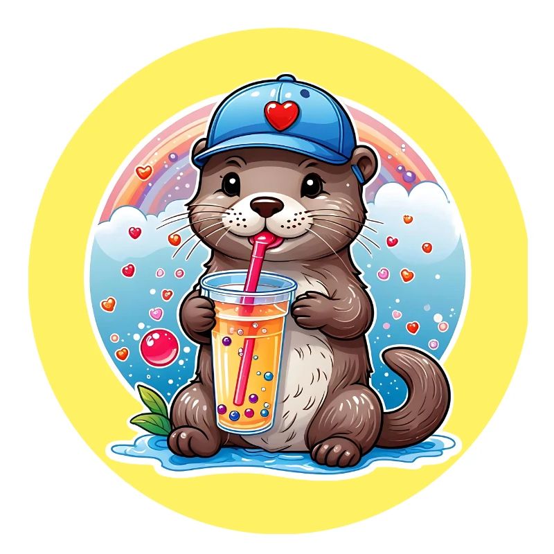 Little Cute Otter Drinking Lemonade with Straw