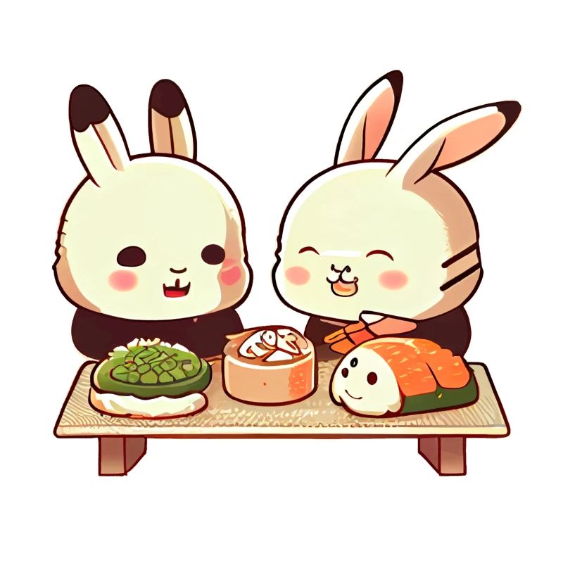 De mignons lapins comiques mangent des sushis ensemble
