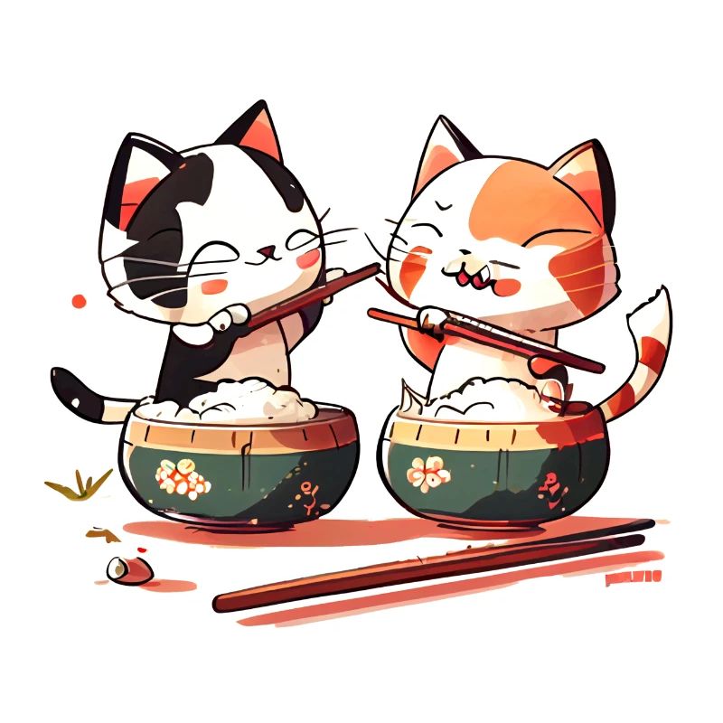 De mignons chats comiques mangent du riz ensemble