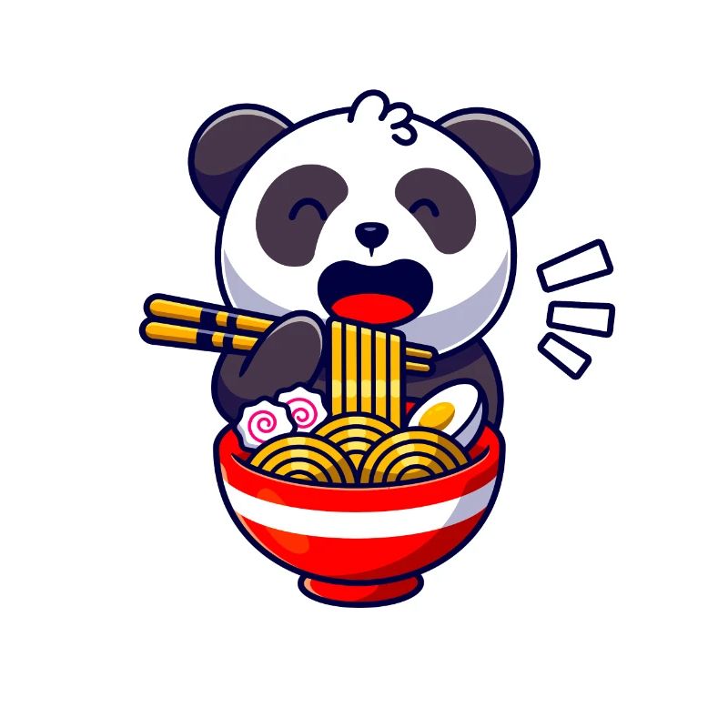 Cute panda bear eats ramen noodle soup