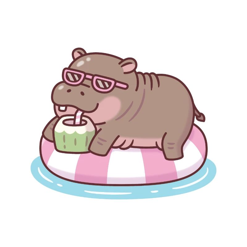 Cute Hippo Chilling On Pool Float Drinking Coconut