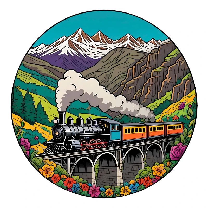 Bunter nostalgischer Eisenbahnzug mit Dampflok
