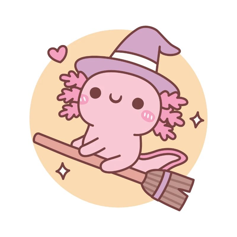 Cute Axolotl Witch On Flying Broom Over The Moon