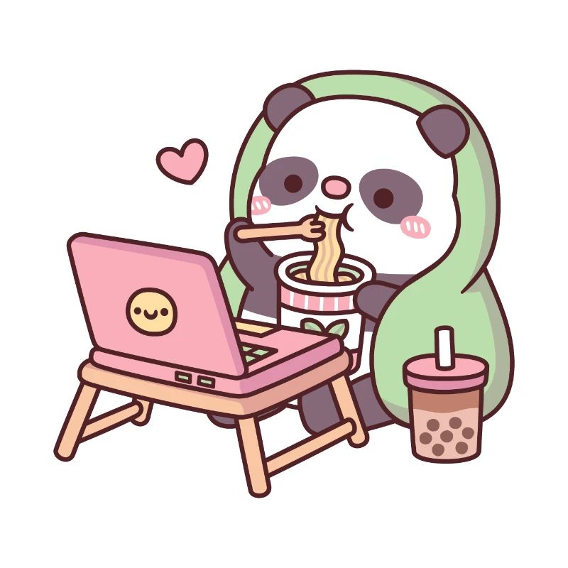 Cute Panda Chilling With Noodles And Bubble Tea