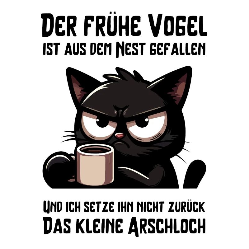 Müde schwarze Katze mit Kaffee – genervt