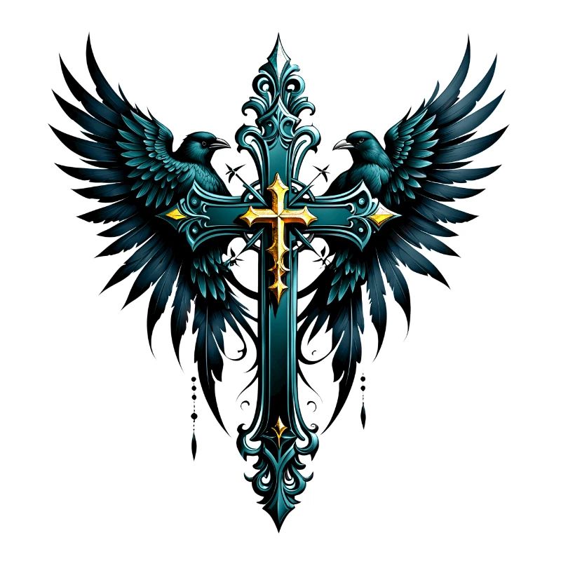 Gothic cross with decorative elements and birds.