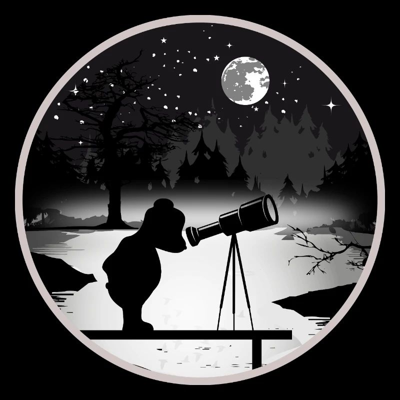 Bär mit Teleskop unter dem Sternenhimmel