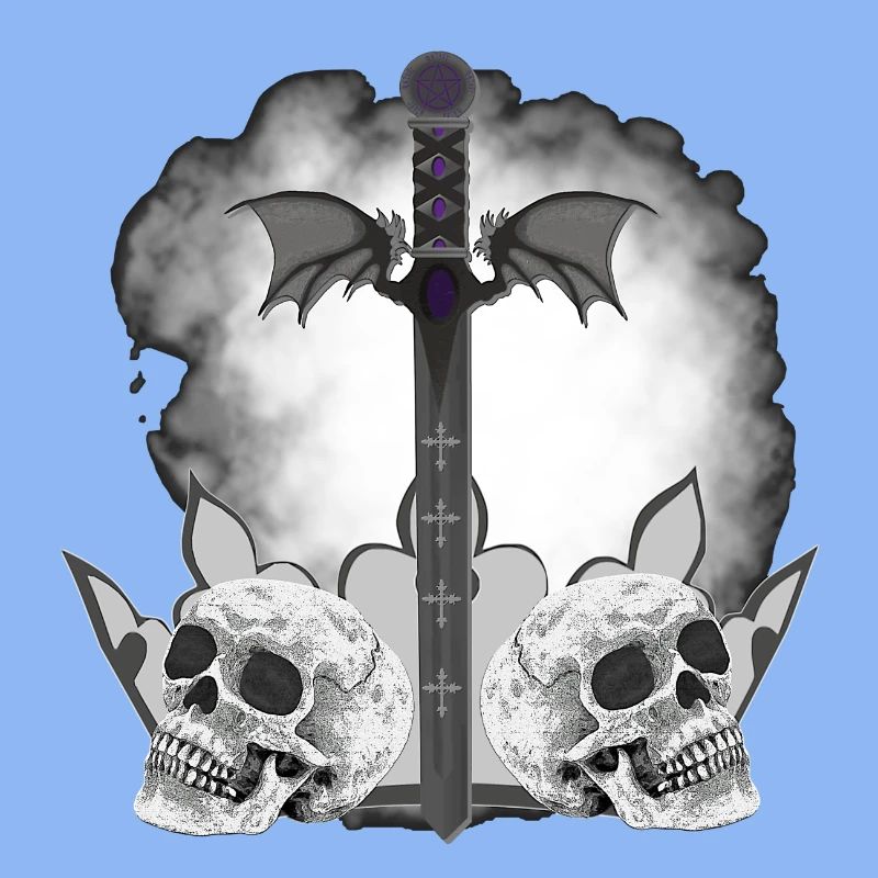 Menschenschädel, Schwerter, Dämonenflügel, vanitas