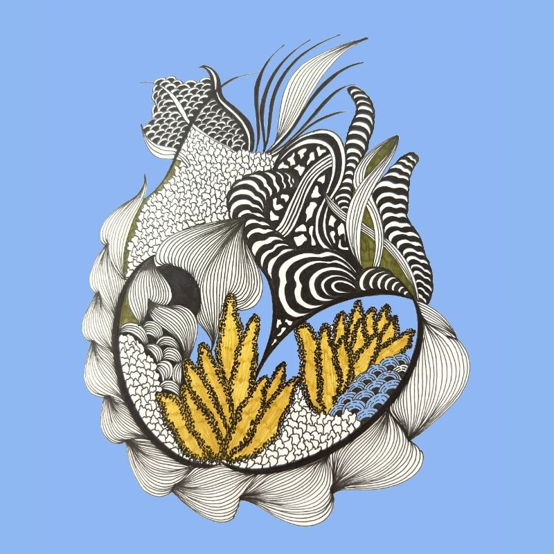 Black and White Leaf Pattern Yellow Accent