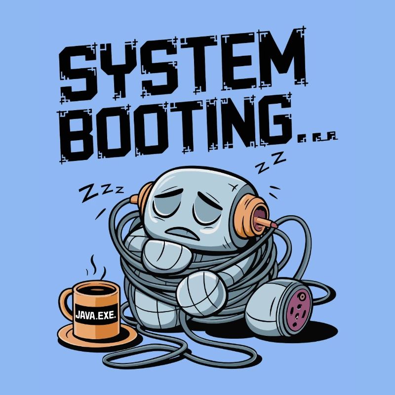 Sleepy Robot Booting with Java.exe Coffee – Funny