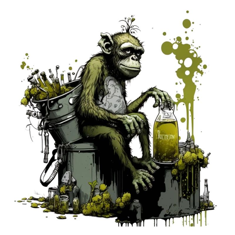 Chimpanzés devant la bouilloire de brassage, front spécial