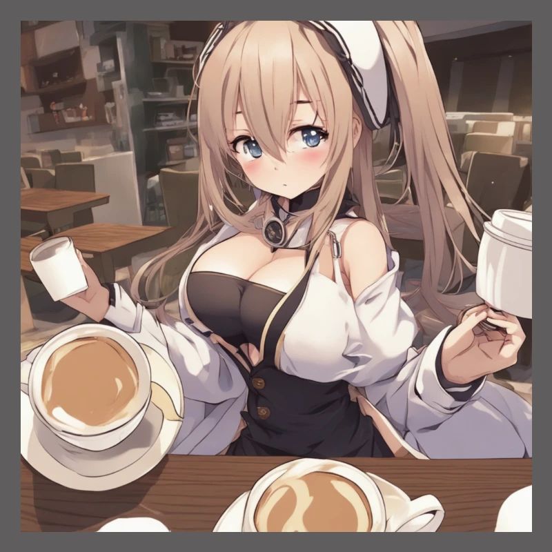 anime girl withe big boobs withe coffee