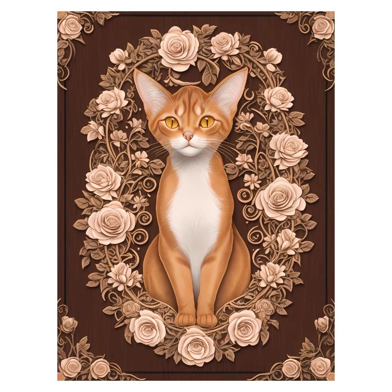 Holzschnitt einer Katze mit Rosenkranz