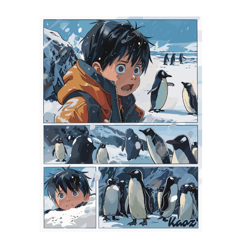 Garçon perdu et pingouins dans le style de la bande dessinée