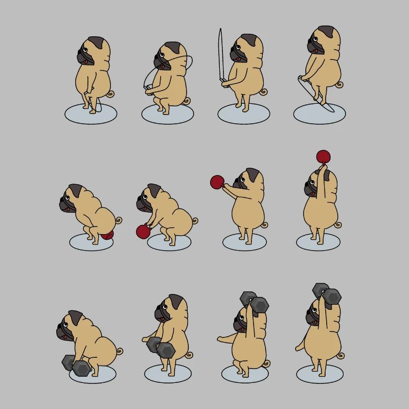 fitter Mops macht Sport mit Dumbbell, Kettlebell