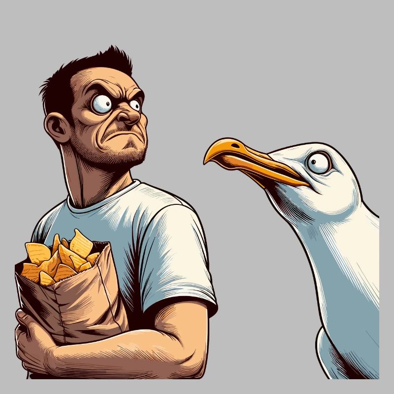 Duell Mann mit Chips gegen Möwe
