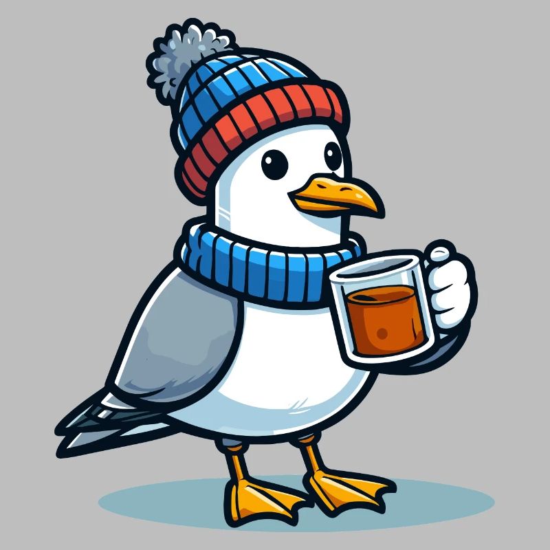Nordsee Möwe Mütze Beanie trinkt Tee oder Kaffee