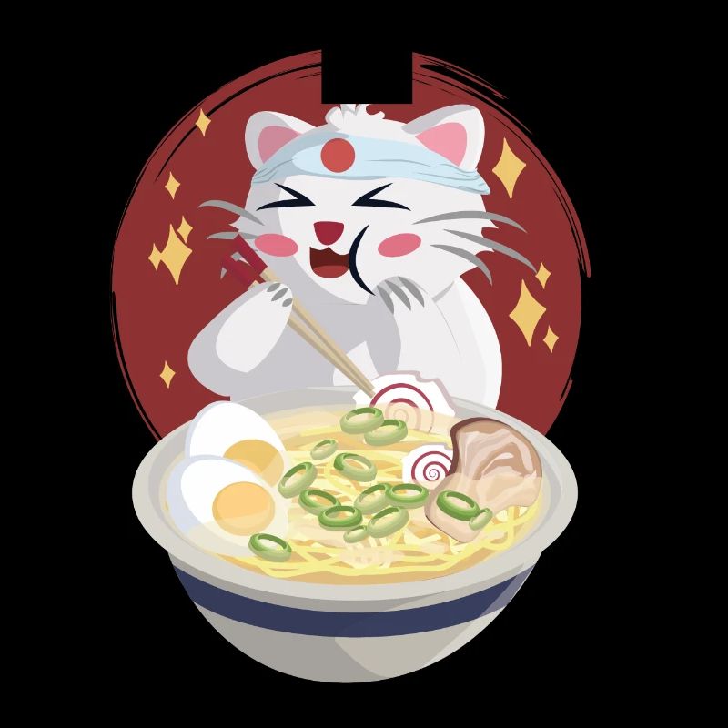 Le chat mange des nouilles