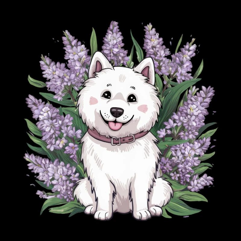 Spitz Samoyède doux avec un beau lilas