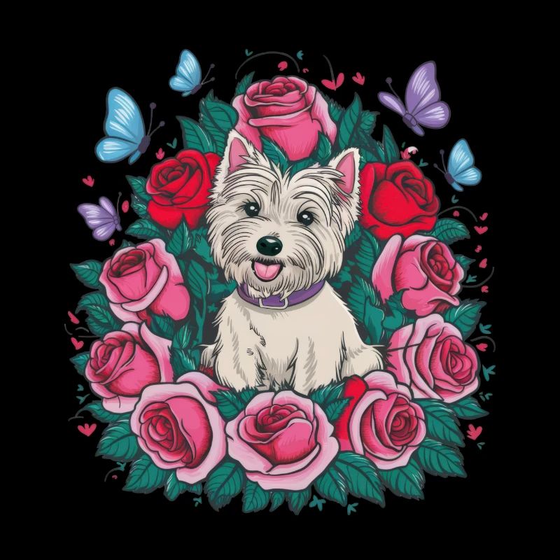 West Highland White Terrier avec roses