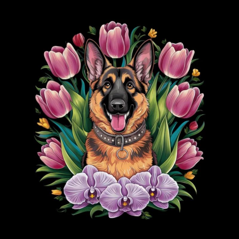 Cartoon German Shepherd with Orchids