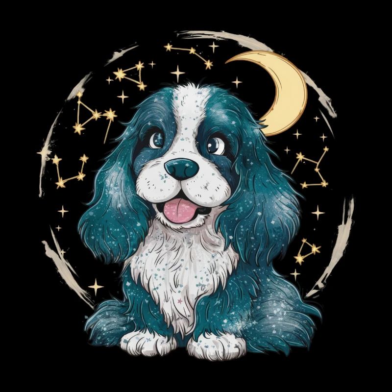 Cocker mignon avec lune et étoiles