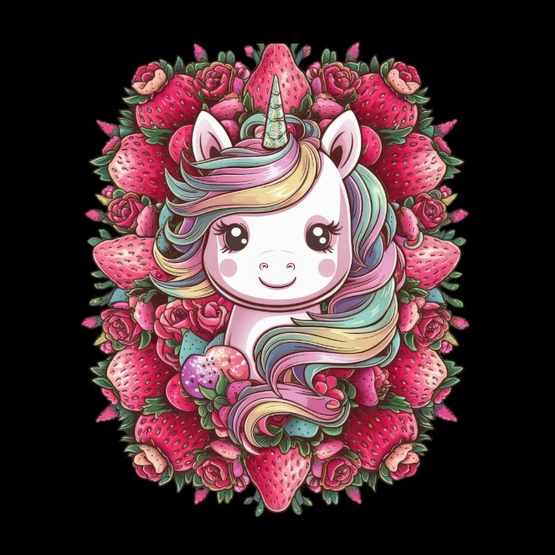 Kawaii Einhorn mit Erdbeeren und Rosen