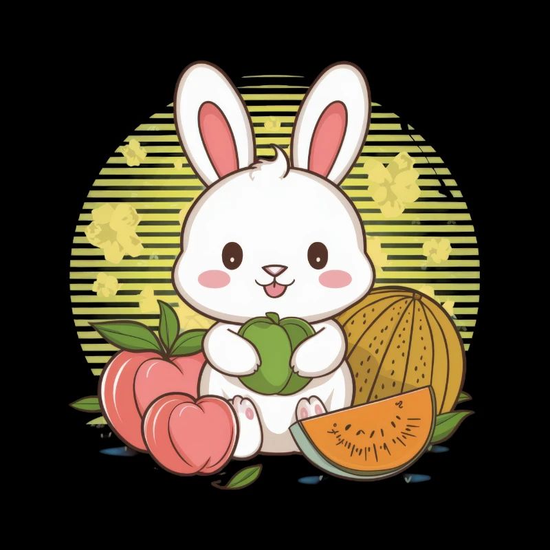 Kawaii Hase mit Pfirsichen und Melonen