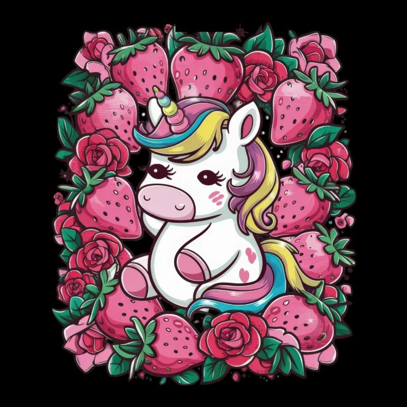 Kawaii Einhorn mit Erdbeeren und Rosen