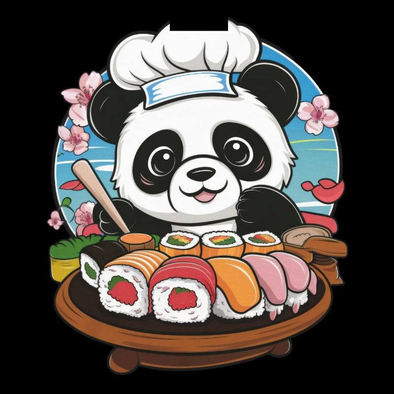 Panda Kawaii mignon avec une grande variation de sushis