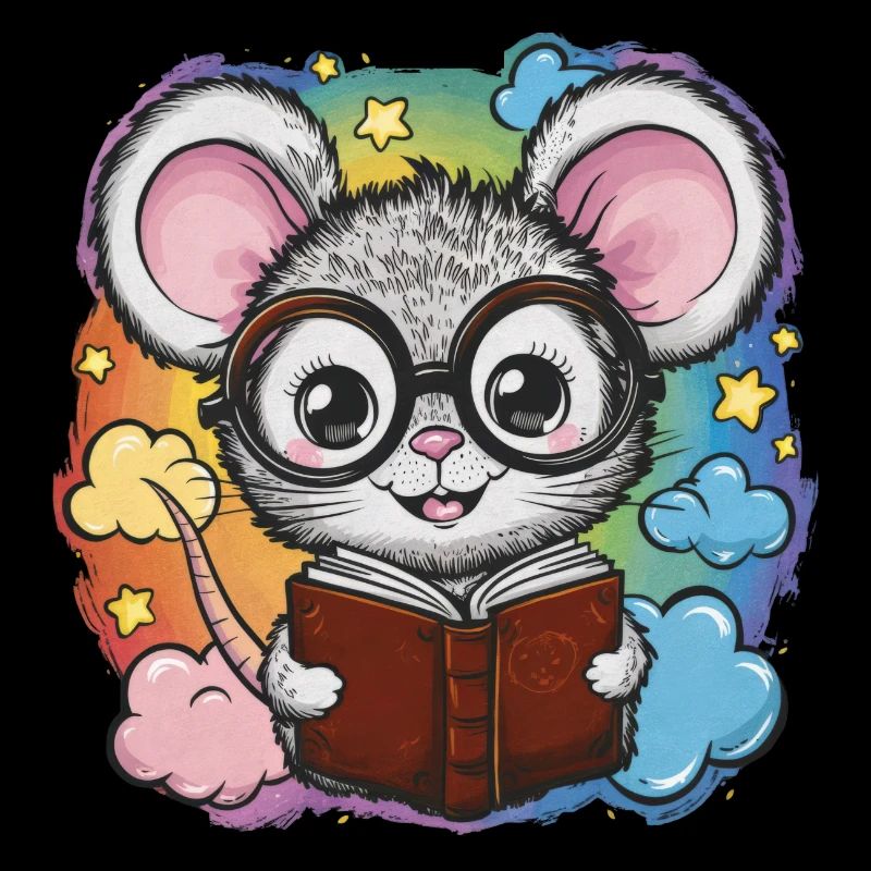 Kawaii Mouse - Mouse with Book and Reading Glasses