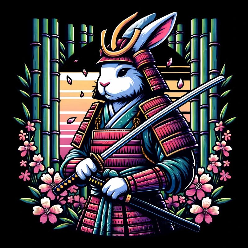 Lapin samouraï dans une forêt de bambous