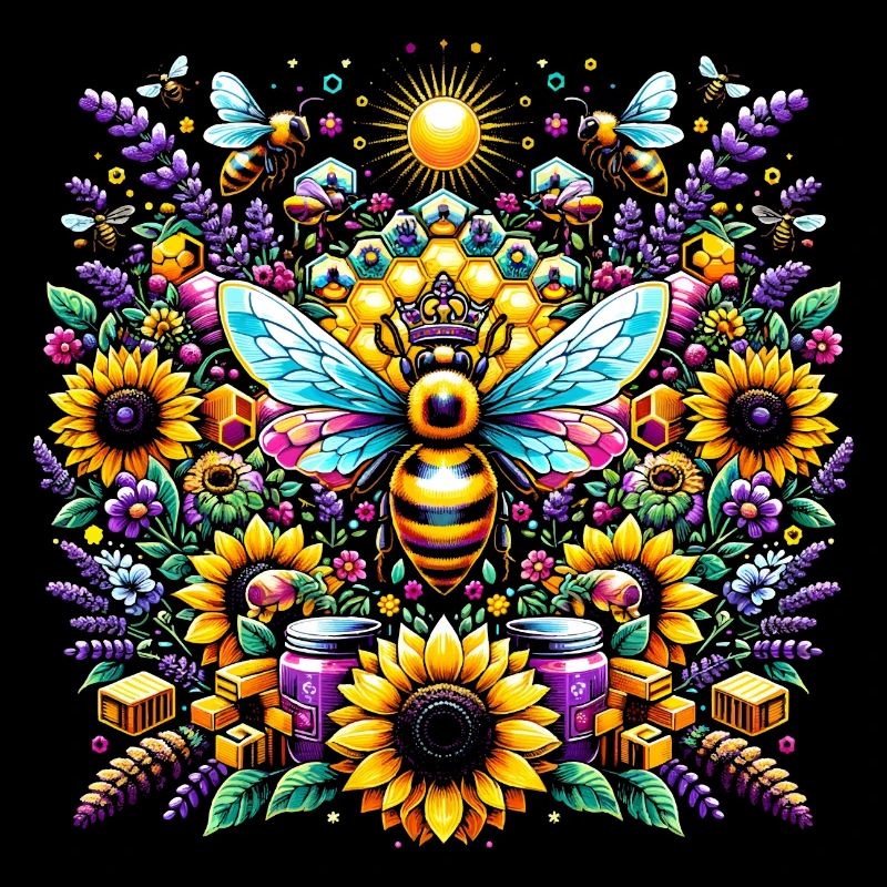 Vibrant, colorful artwork with bees
