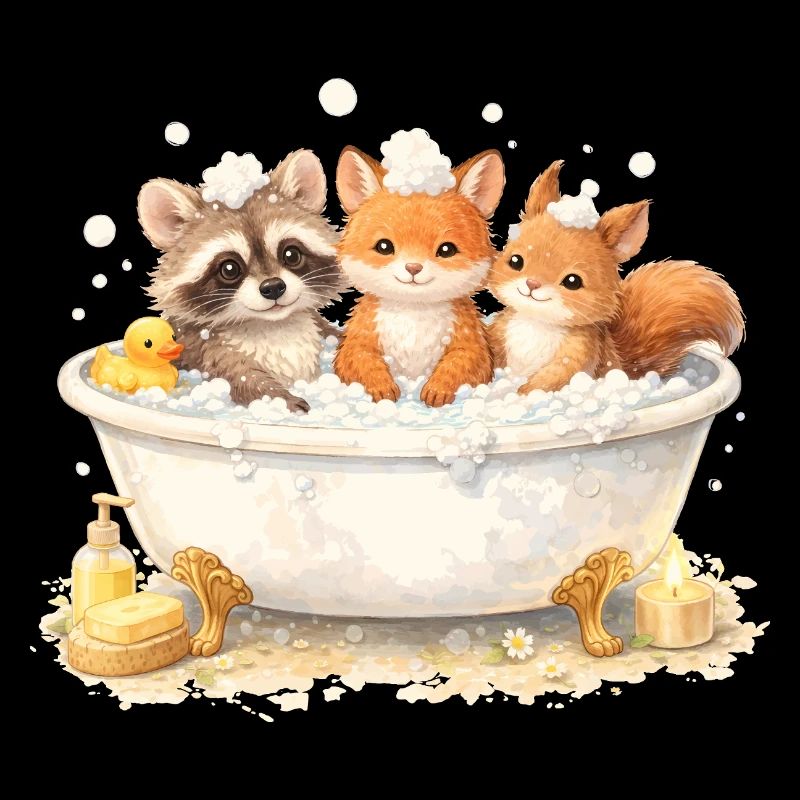 Cute Forest Animals Bathing Illustration