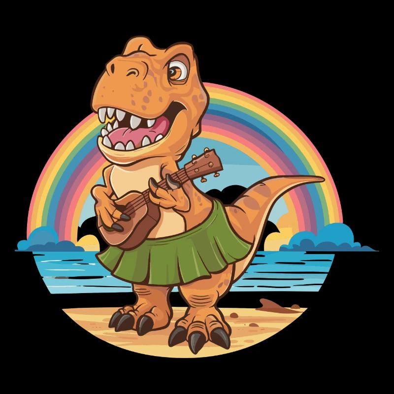 Dinosaurier spielt Gitarre unterm Regenbogen