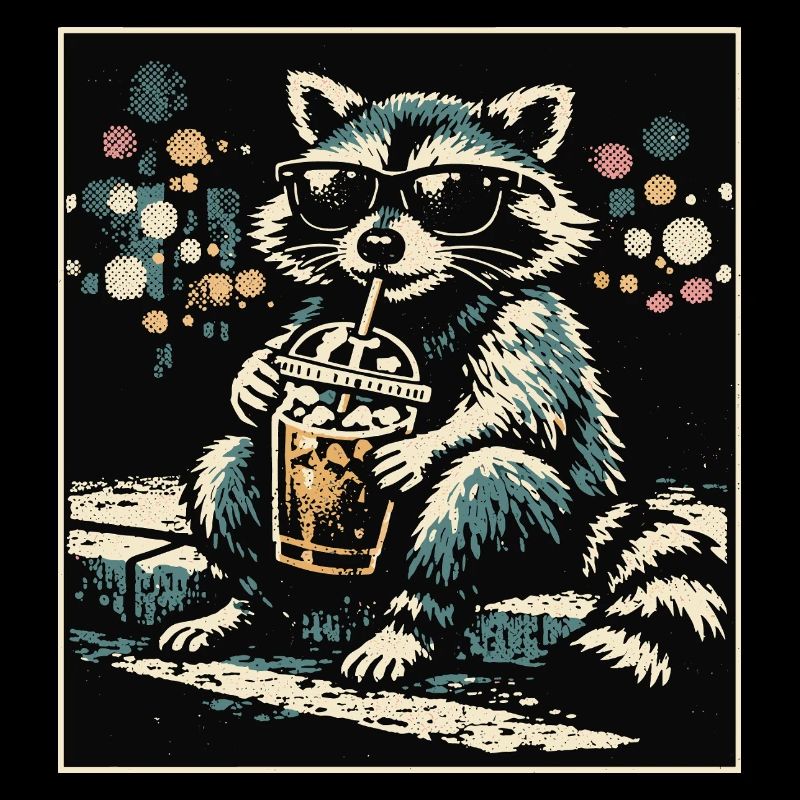 Lustiger Waschbär trinkt Eiskaffee