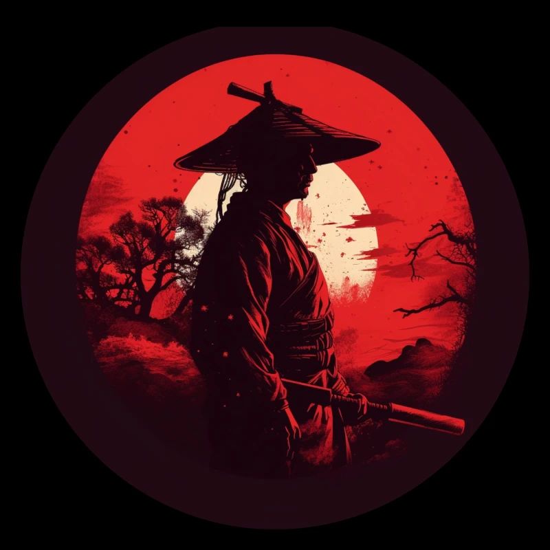 Samurai with sword katana red sun silhouette