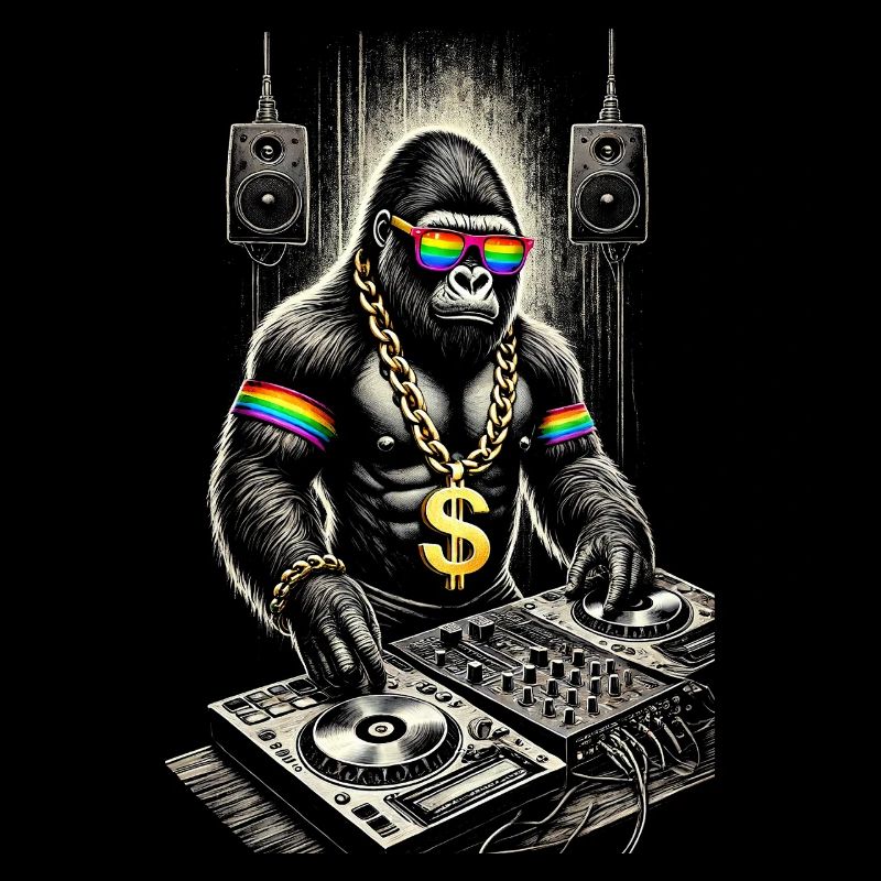 Funky Gorilla DJ mit Regenbogen Accessoires