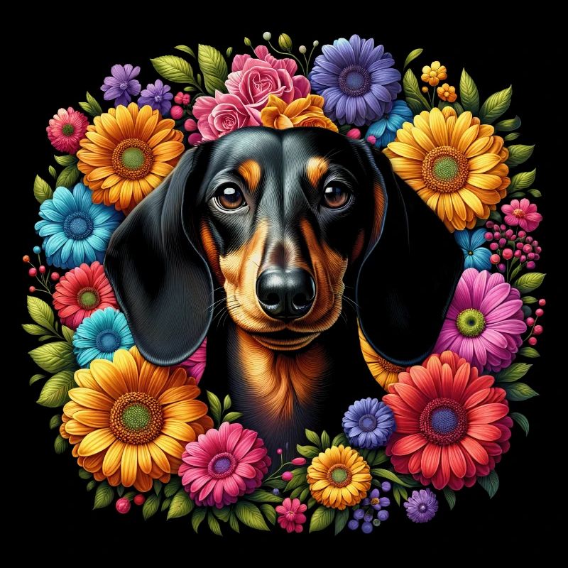 Teckel aux fleurs colorées