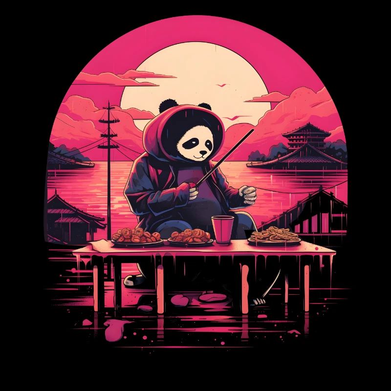 Synthwave mangeant Panda Japon Coucher de soleil