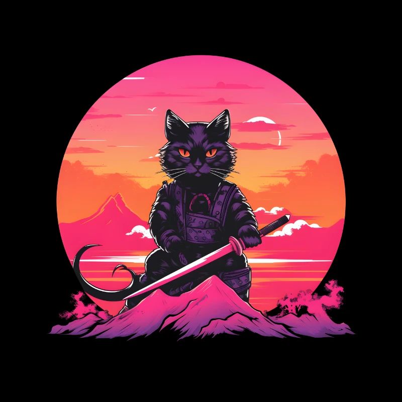 Synthwave samurai Cat with katana
