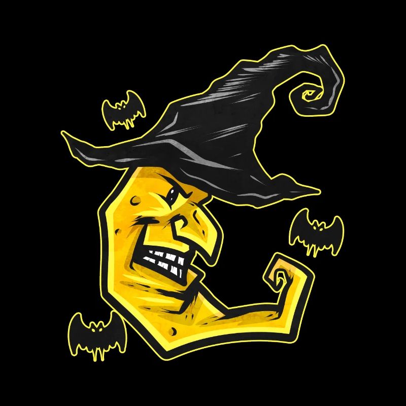 Evil Yellow Moon With Witch Hat Bat Flying On