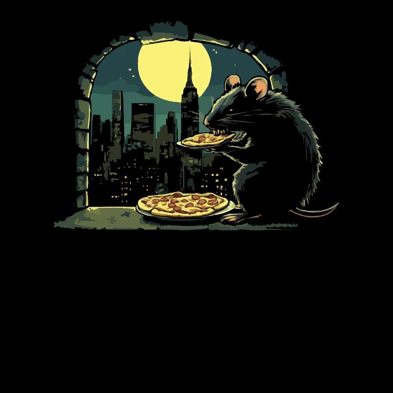 Ratte genießt Pizza bei Mondschein vor der Skyline
