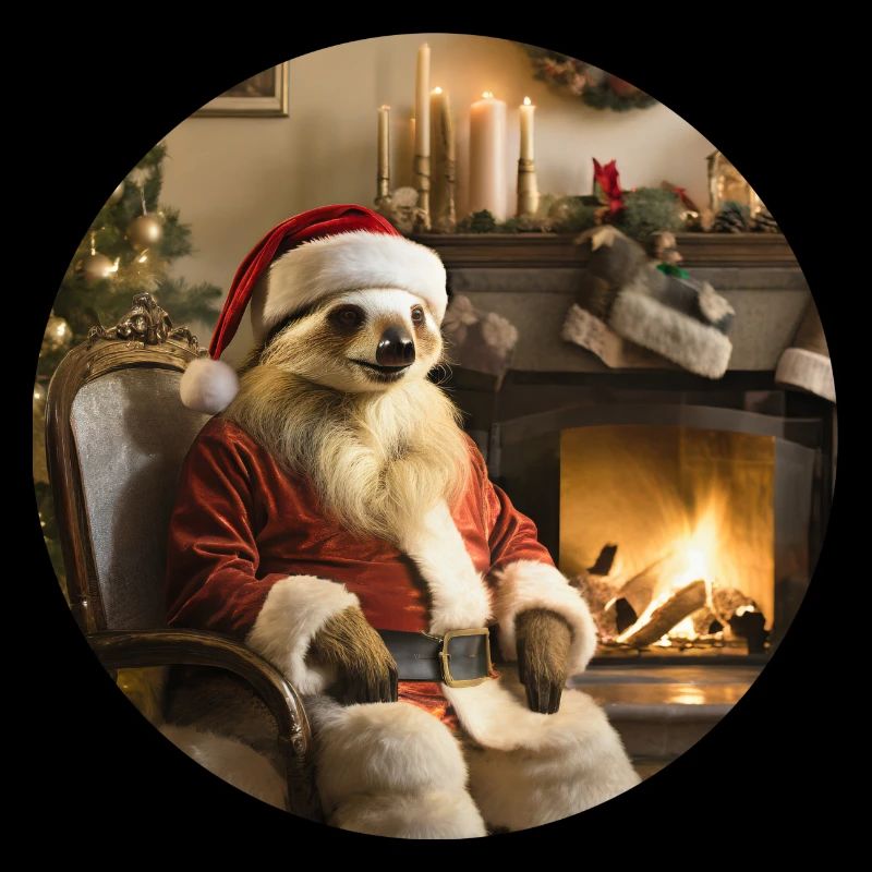 Weihnachtsmannfaultier vor Kamin
